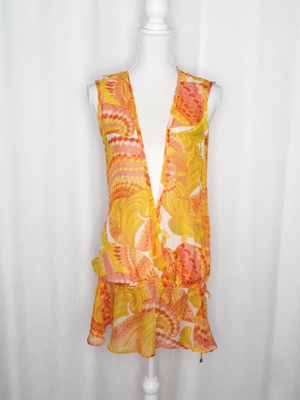 Trina Turk Silk Orange Paisley Print Surplice Drawstring Blouse